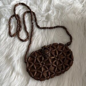 Handcrafted Brown Wooden Bead Crossbody Bag